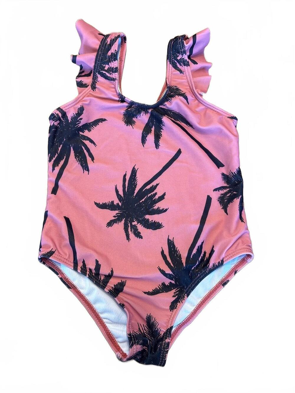 PatPat Girls Pink Palm Tree Print Ruffle Shoulder One Piece Swimsuit Size 4t 5T